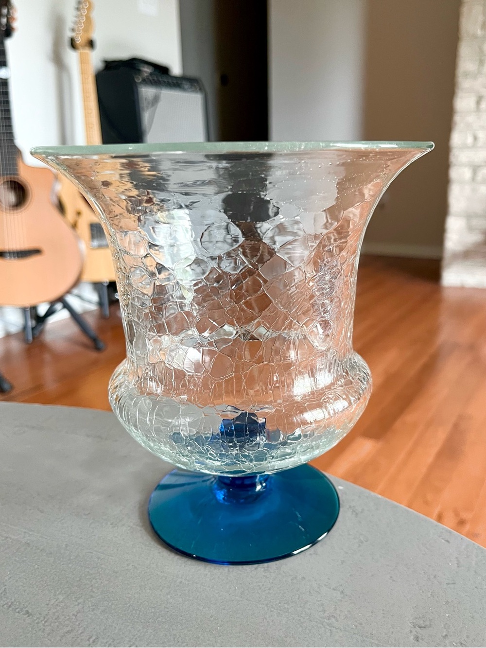 Blenko 428 S Footed Crackle Glass Vase Clear & Blue Vase 7”  Hand Blown